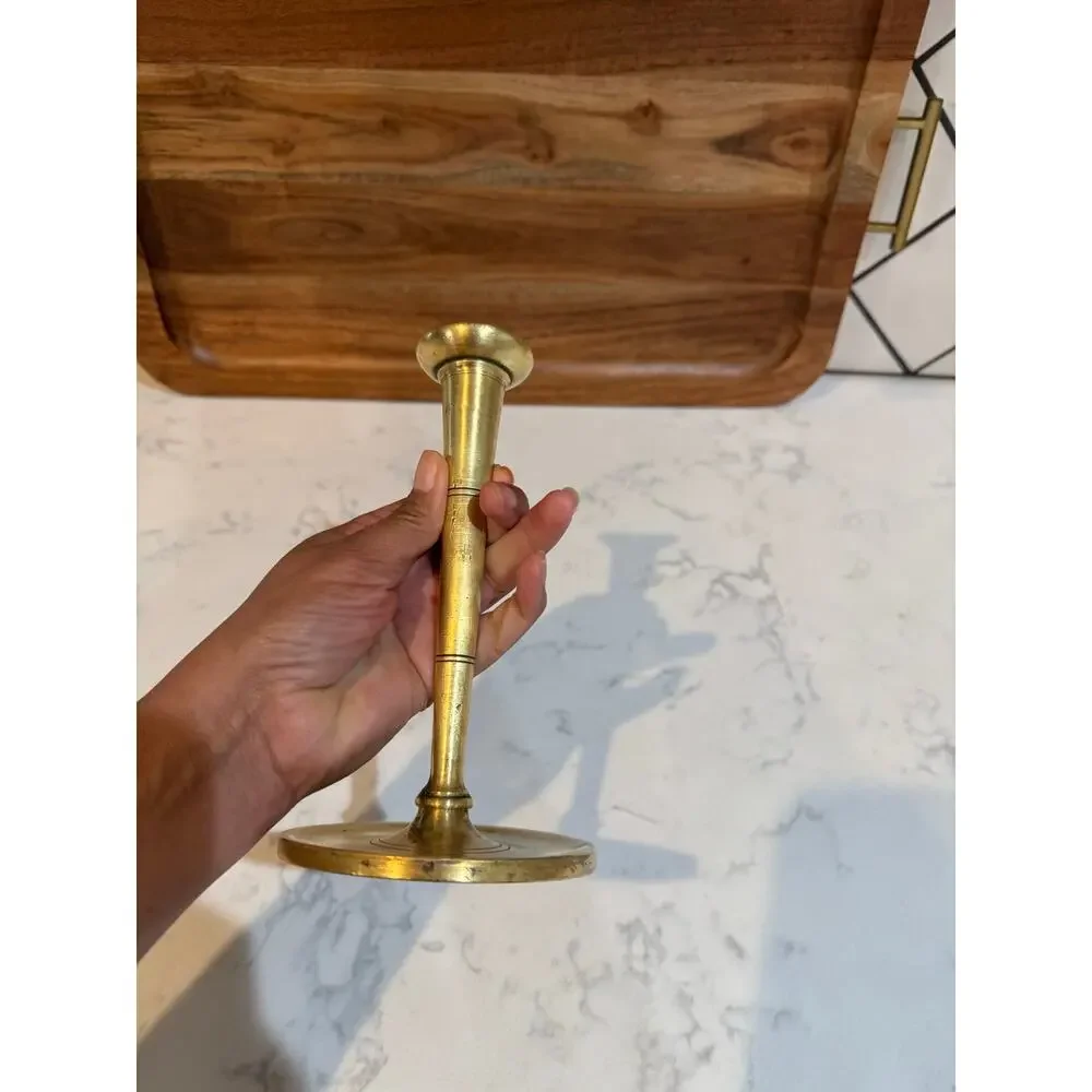 antique vintage brass candlestick holder classic turned, tapered stem wide base